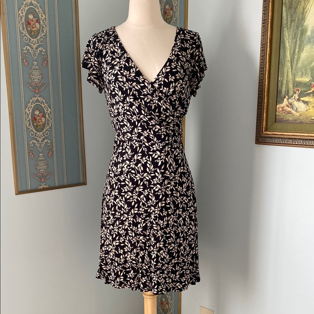 LOFT Black and White Ruched Wrap style floral Mini Dress